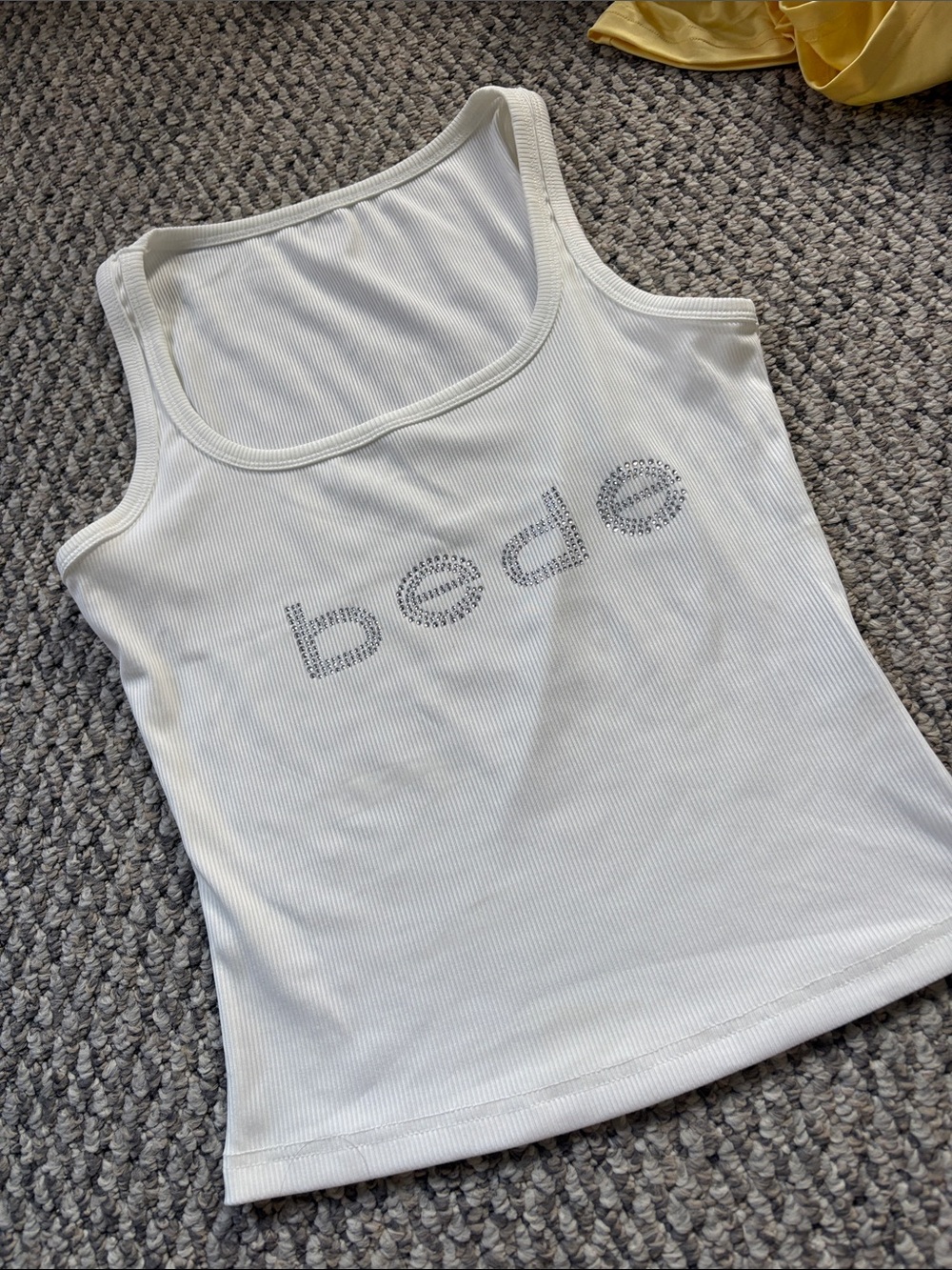 bebe White Ribbed Crystal Logo Tank